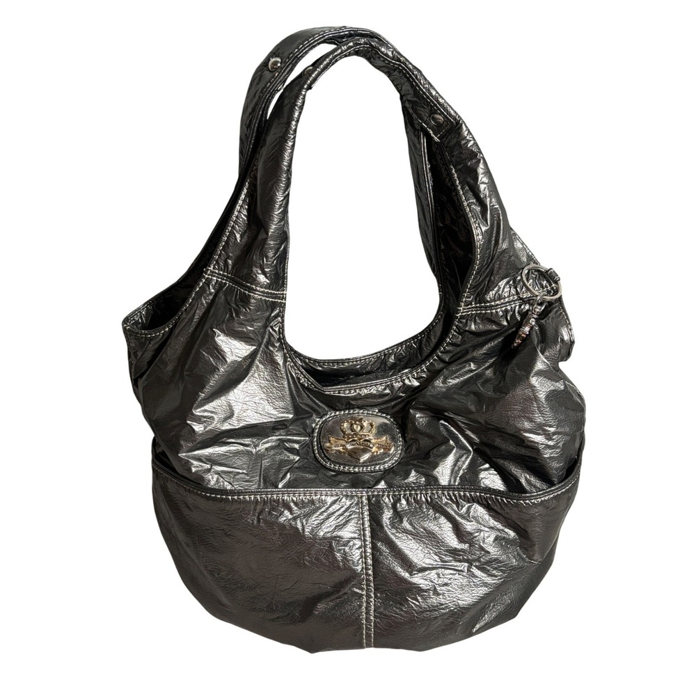 Kathy Van Zeeland Metallic Pewter Crinkle Hobo Bag Crowned Heart Y2K Style 90s